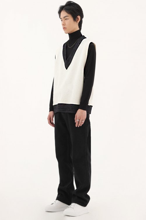 Жилет UNISEX MAN из твида и шерсти с V-вырезом Ivory/Navy