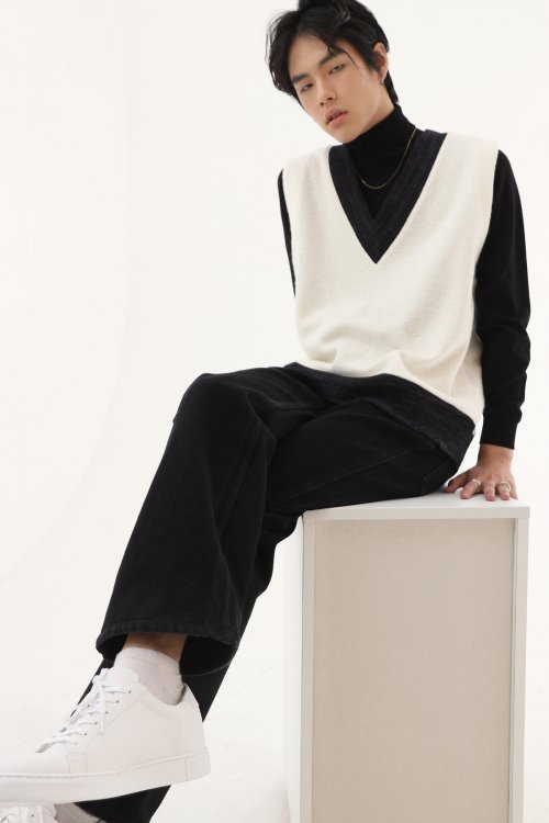 Жилет UNISEX MAN из твида и шерсти с V-вырезом Ivory/Navy