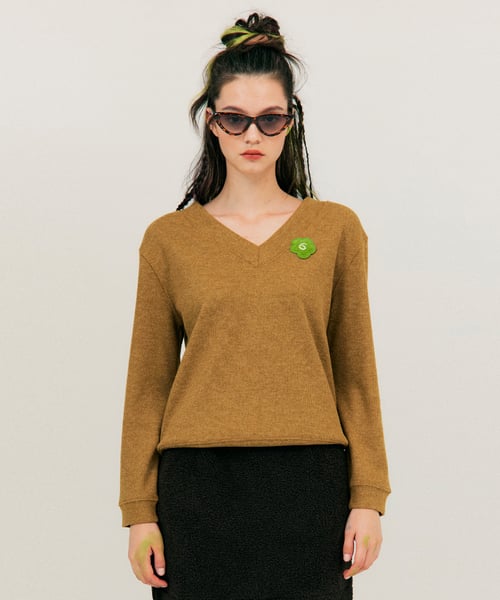 V-neck Melange T-Shirt_Khaki Brown
