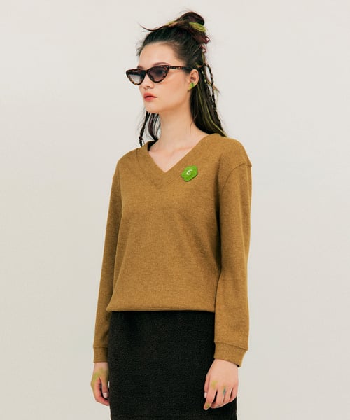 V-neck Melange T-Shirt_Khaki Brown
