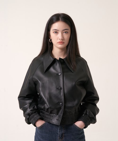 Кожаный бомбер с широким воротником Black