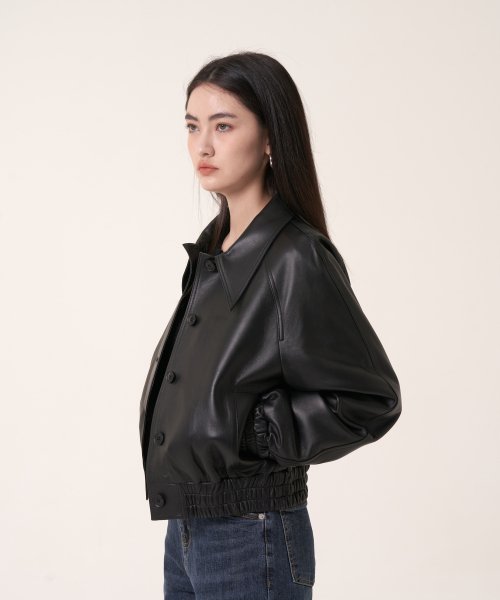 Кожаный бомбер с широким воротником Black