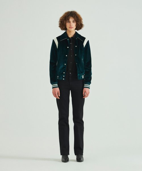 롤링스튜디오(ROLLINGSTUDIOS) VELVET VARSITY JACKET DARK GREEN