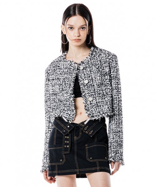 MUSINSA | RUNNING HIGH Fringe Point Tweed Crop Jacket [Black]