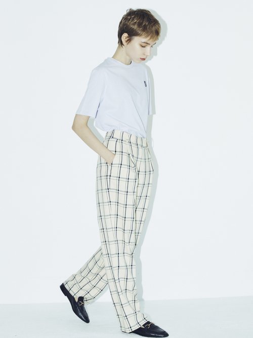 Check Wide Trousers - Cream
