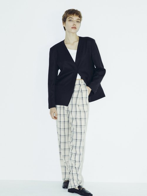 Check Wide Trousers - Cream