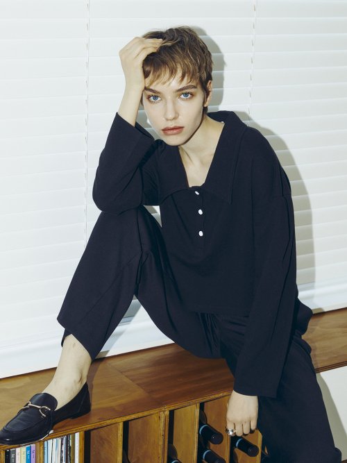 Shirt Collar Crop T-Shirt - Black