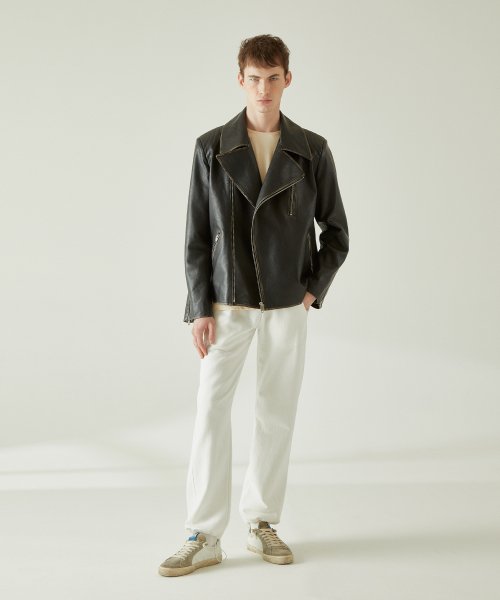 [MEN] REAL LAMBSKIN SHOULDER QUILTING RIDER JACKET BLACK