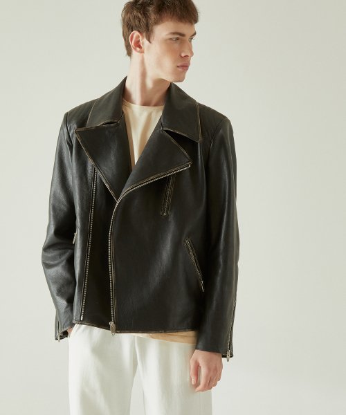 [MEN] REAL LAMBSKIN SHOULDER QUILTING RIDER JACKET BLACK