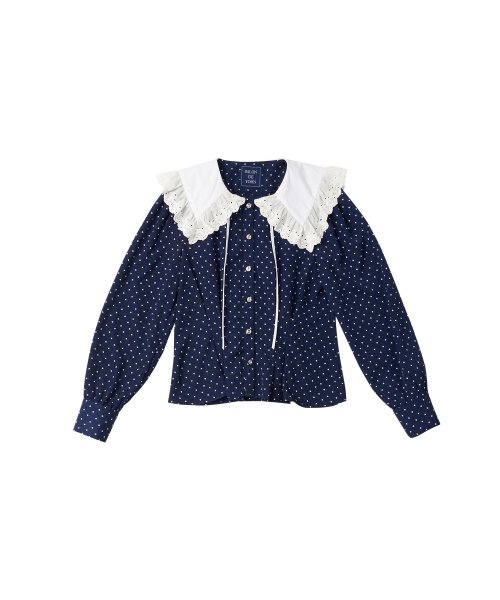 кружево воротник Puff Shoulder Blouse_ тёмно-синий