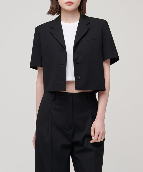 WOMENS LIGHTWEIGHT CROP SHORT SLEEVE BLAZER [BLACK]