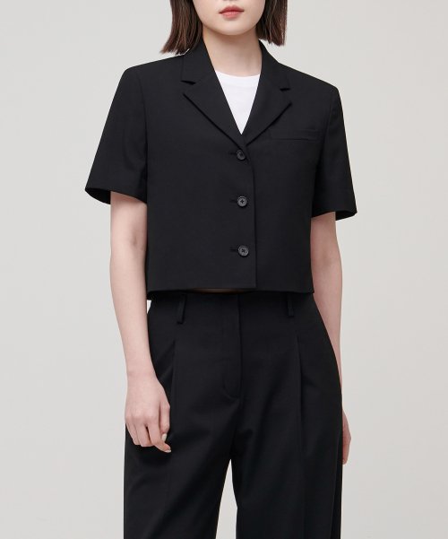 WOMENS LIGHTWEIGHT CROP SHORT SLEEVE BLAZER [BLACK]