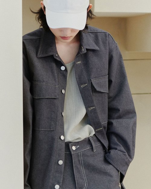 UNISEX LINE STITCH DENIM SHIRT JACKET - COOL GRAY