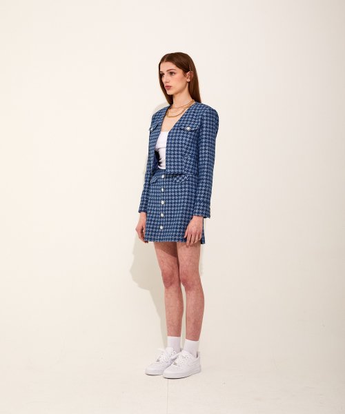 Houndstooth деним Vneck куртка [Deep Blue]