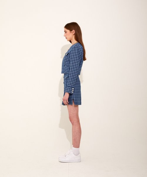 Houndstooth деним Vneck куртка [Deep Blue]