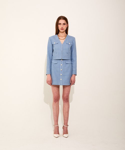 Houndstooth деним Vneck куртка [Light Blue]