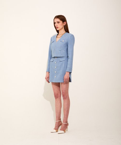 Houndstooth деним Vneck куртка [Light Blue]