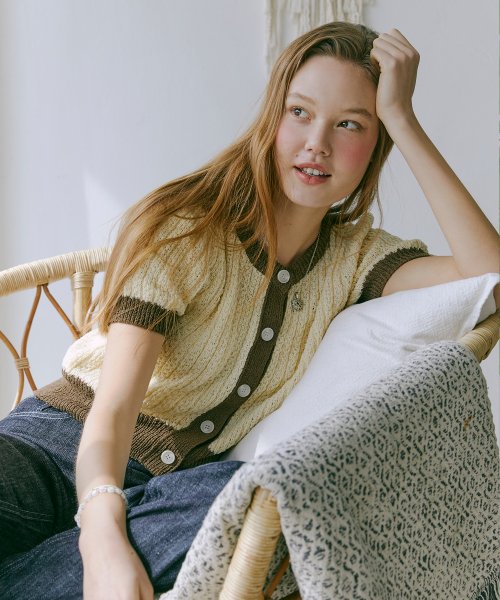 Color block knit cardigan Light yellow