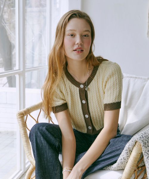 Color block knit cardigan Light yellow