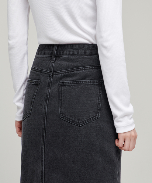 WOMENS FRONT SLIT LONG DENIM SKIRT_WASHED BLACK thumbnail 6