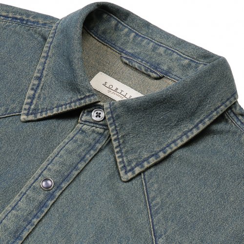 036 Washed denim western shirts (Mid blue)