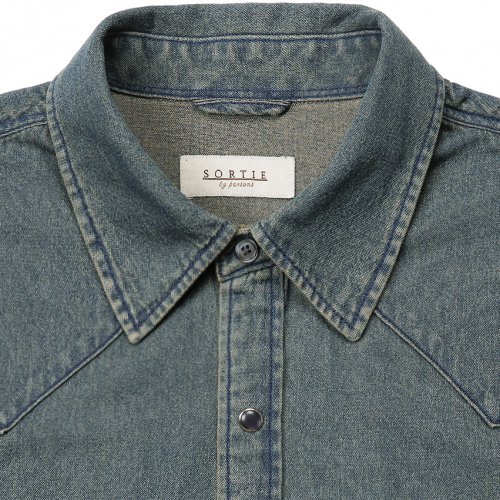 036 Washed denim western shirts (Mid blue)