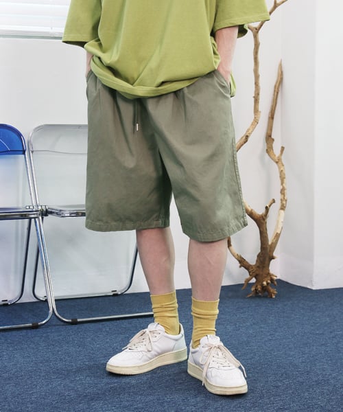 Pintuck chino washed wide shorts [khaki]