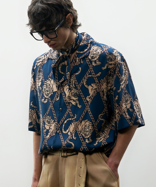 Tiger print bowling shirt[Navy(UNISEX)]_UTS-SS03