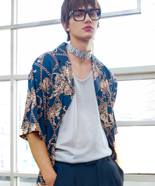 Tiger print bowling shirt[Navy(UNISEX)]_UTS-SS03