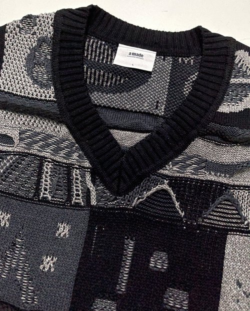 Pattern mix overfit knit vest(black grey)