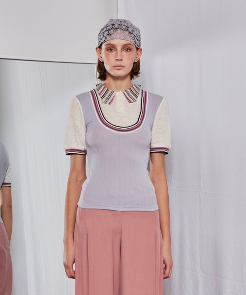 Stripe Pattern Collar T-shirt