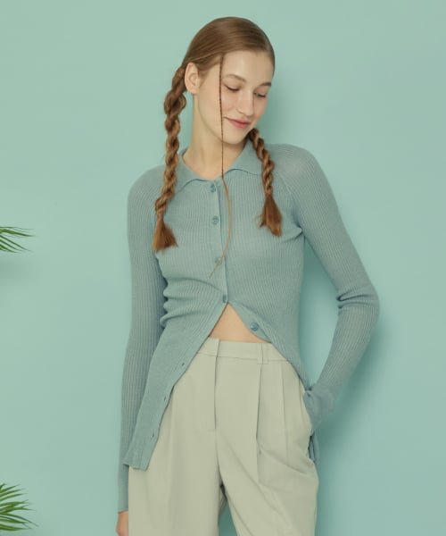 LONG KNIT COLLAR CARDIGAN_Windy blue