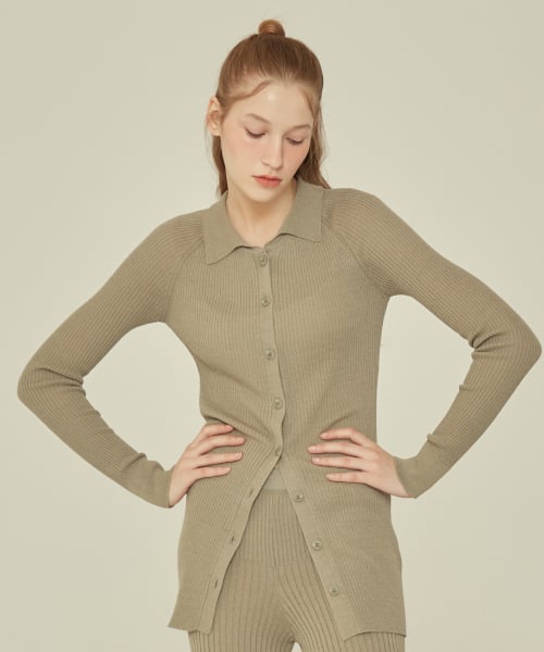 LONG KNIT COLLAR CARDIGAN_Olive