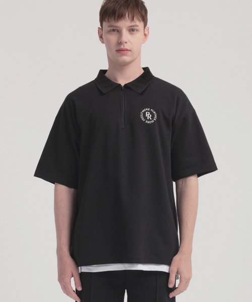 Оверсайз поло с полумолнией и логотипом-кругом (Black)