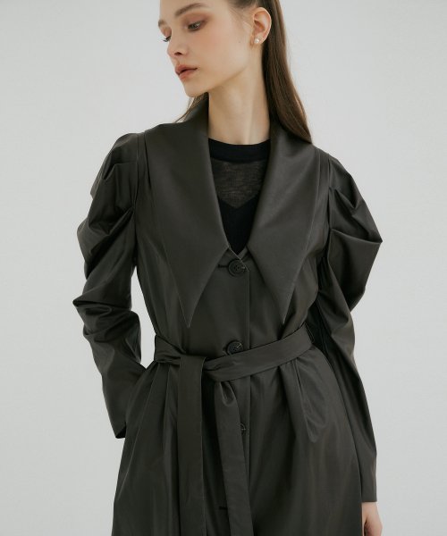 LEATHER BIG COLLAR PUFF JACKET - dark brown