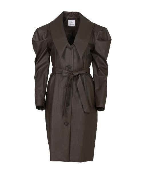 LEATHER BIG COLLAR PUFF JACKET - dark brown