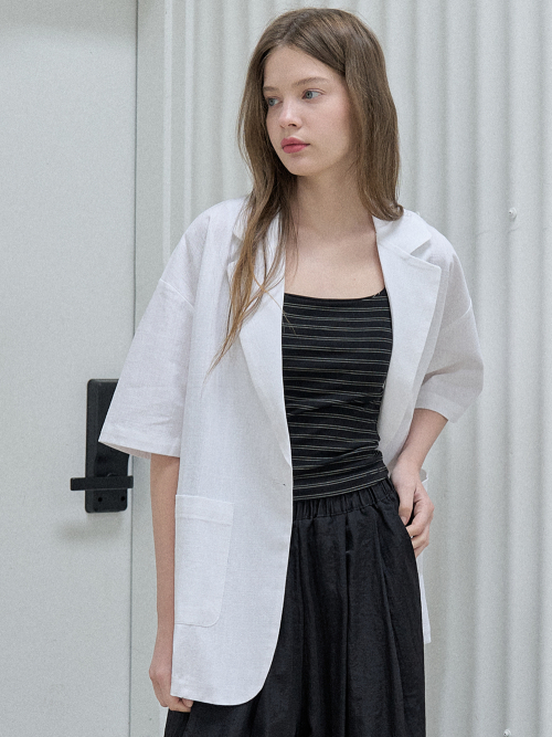 Linen Overfit Basic Tailored Jacket - White