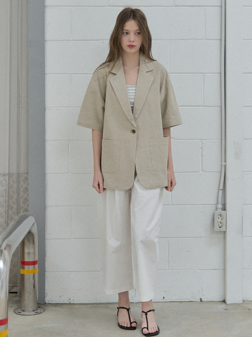 Linen Overfit Basic Tailored Jacket - Beige