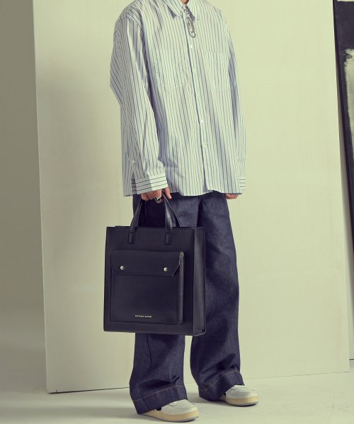 NO.9 BLACK TOPSTITCHED LEATHER POCKET TOTE BAG