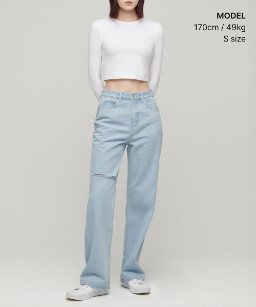 Women's Slash Loose Straight Denim Pants [Pale Blue] thumbnail 2