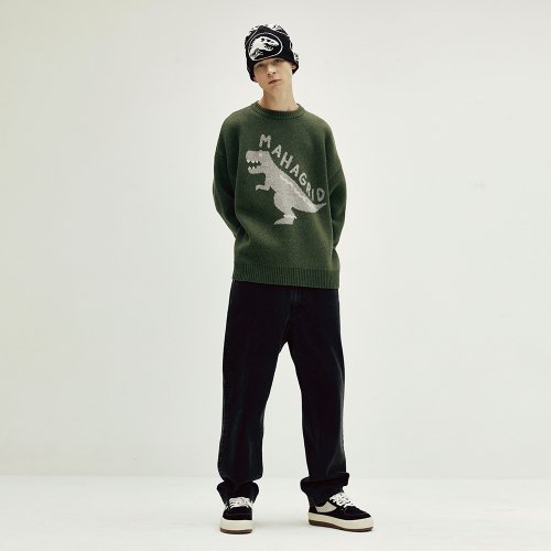 MUSINSA | MAHAGRID T-REX LOGO CREWNECK KNIT KHAKI (MG2CFMK600D)