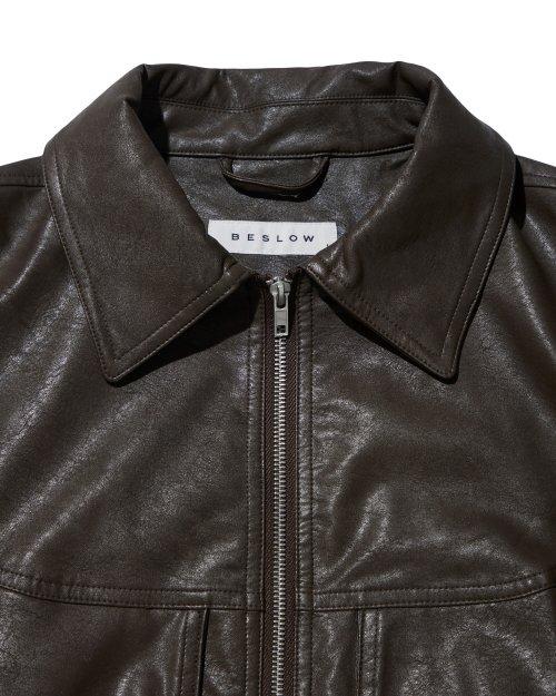 MUSINSA | BESLOW 22FW LOOSE FIT ZIP-UP VEGAN LEATHER JACKET DARK BROWN