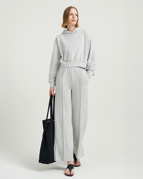 (FM10722) Мягкие брюки из махры с разрезами, grey melange