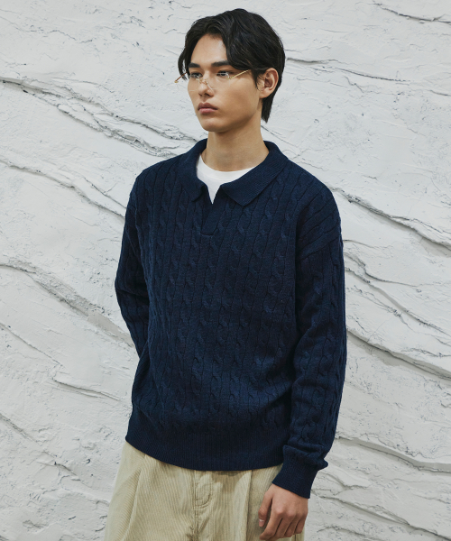 Cable Collared Knit Sweater [navy] thumbnail 5