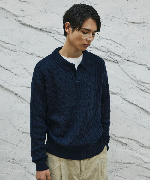 Cable Collared Knit Sweater [navy] thumbnail 6