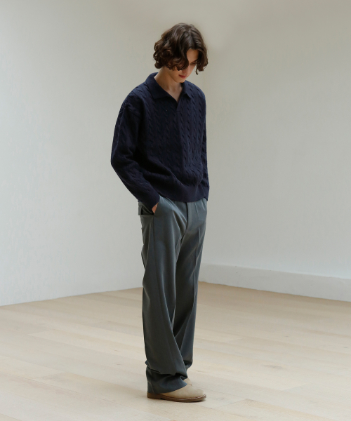 Cable Collared Knit Sweater [navy] thumbnail 7