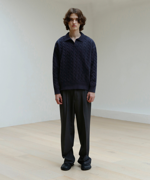 Cable Collared Knit Sweater [navy] thumbnail 9