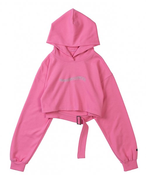 MUSINSA | RUNNING HIGH Glitter Logo Belt Crop Hoodie [Cherry Pink]