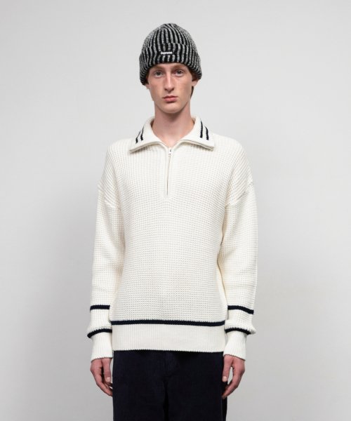 MUSINSA | KNITTED Soft Cotton Heavy Waffle Half Zip-up Knit IVORY/NAVY