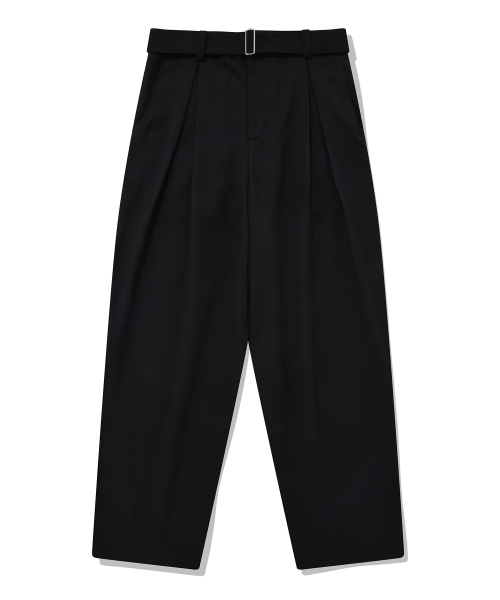 Belted двойные складки шерстяные слаксы Black